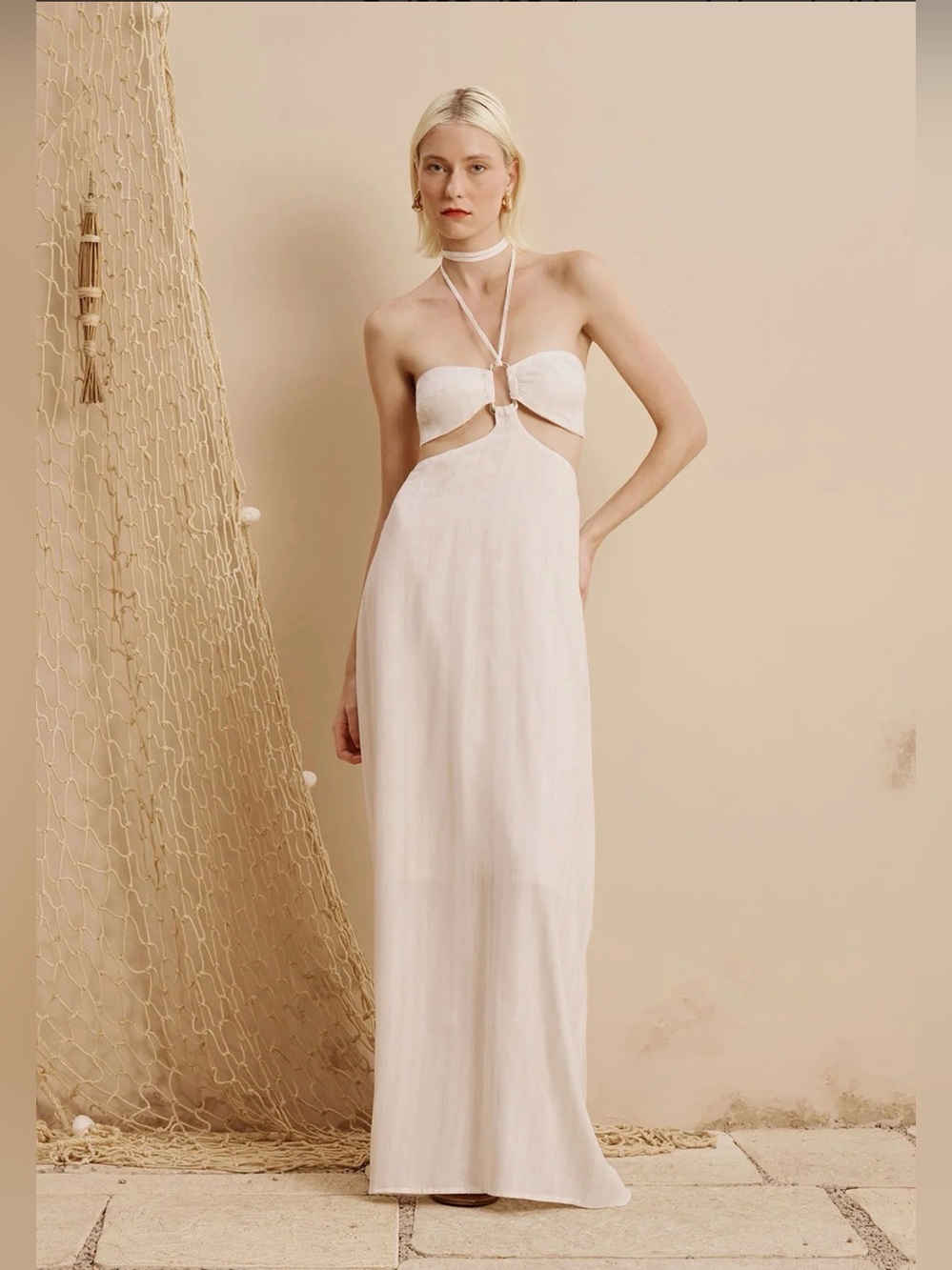 Strap Halter Cutout Maxi Dress in soft cream.
